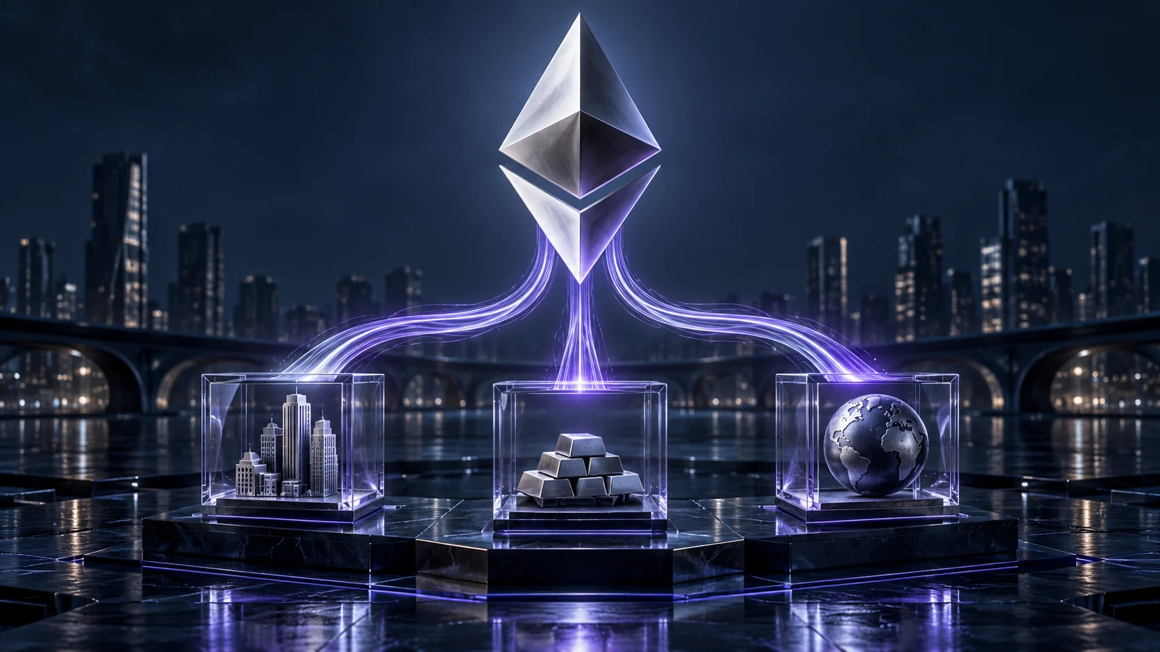 Simbolo di Ethereum collegato da flussi luminosi a tre contenitori finanziari, illustrazione dei movimenti di capitale negli ETF