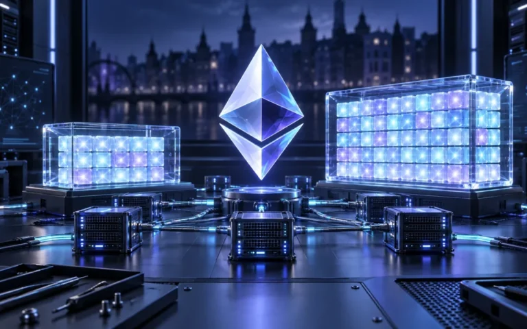 Illustrazione del simbolo Ethereum sopra nodi validatori e blocchi digitali di diversa capacità.