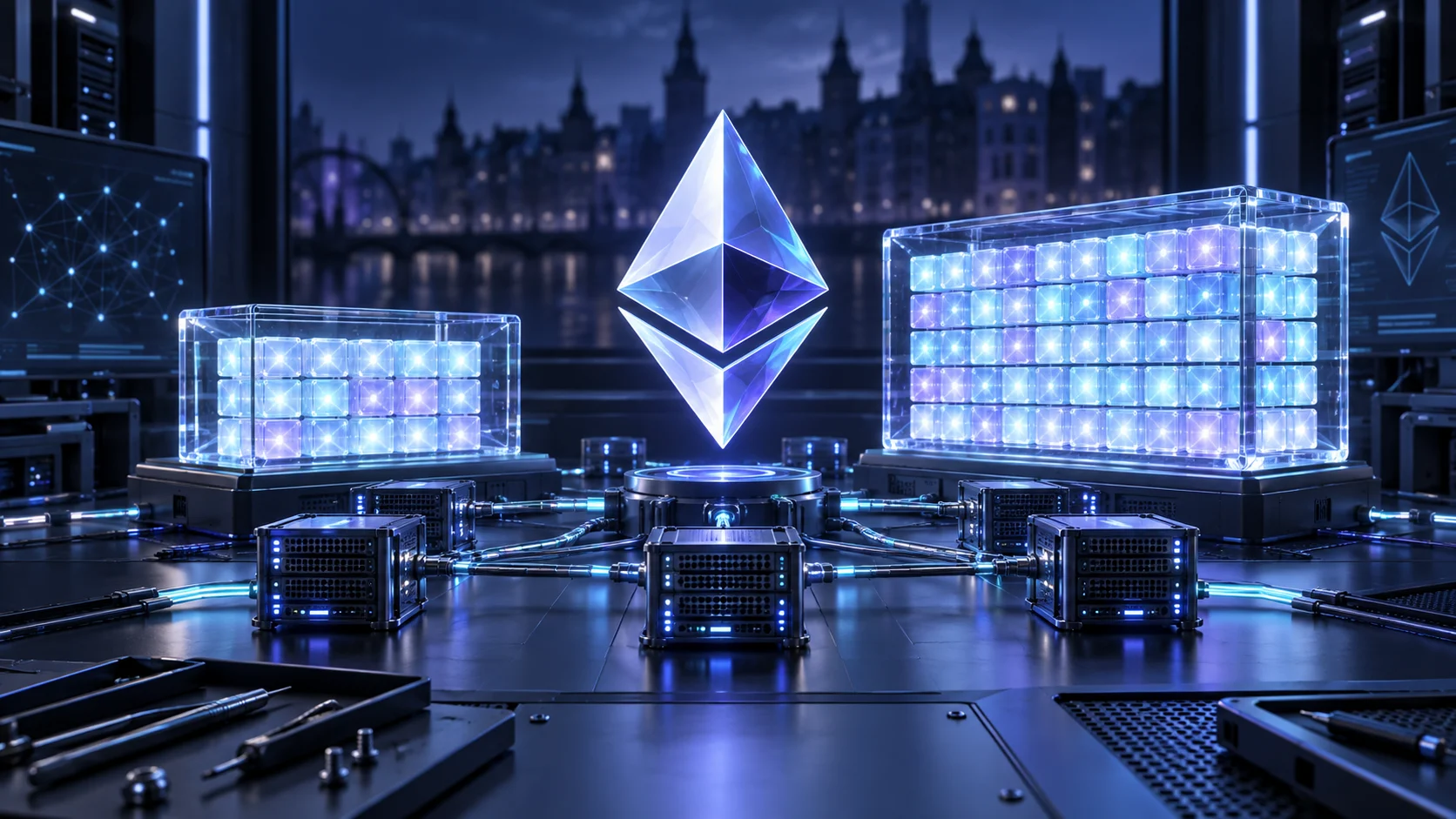 Illustrazione del simbolo Ethereum sopra nodi validatori e blocchi digitali di diversa capacità.
