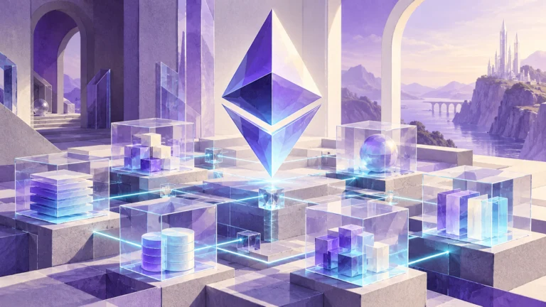 Illustrazione di un cristallo Ethereum collegato a blocchi modulari e nodi di una rete digitale