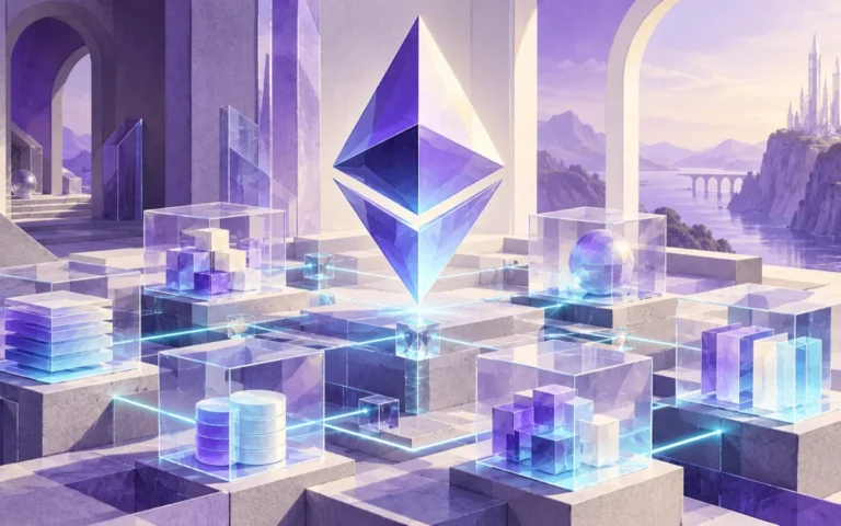 Illustrazione di un cristallo Ethereum collegato a blocchi modulari e nodi di una rete digitale