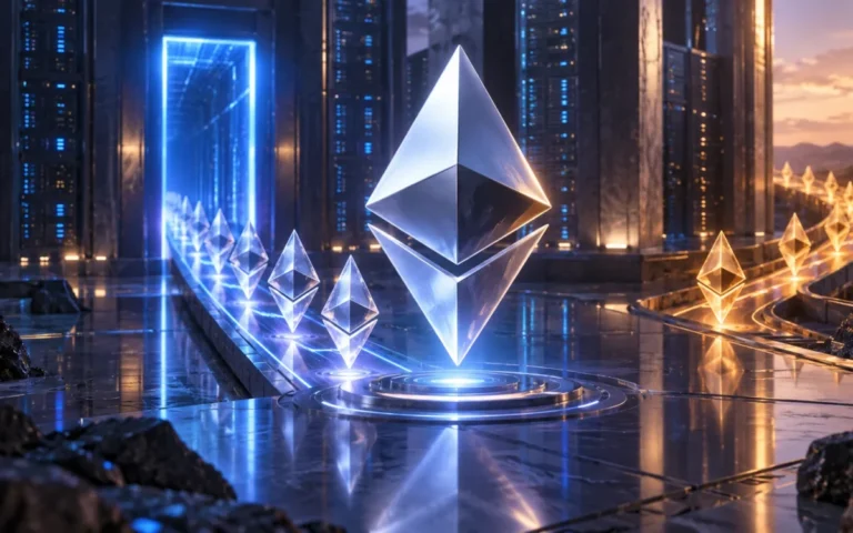 Illustrazione generata con IA: simboli Ethereum in coda verso un portale di attivazione, con un percorso separato di rientro.