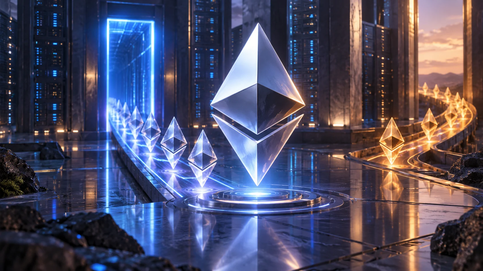 Illustrazione generata con IA: simboli Ethereum in coda verso un portale di attivazione, con un percorso separato di rientro.