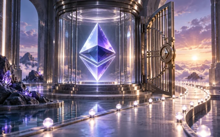 Simbolo luminoso di Ethereum in una struttura trasparente con porta aperta e percorso illuminato
