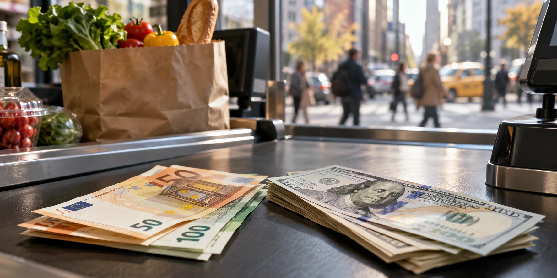 Banconote in euro e dollari accanto a una borsa della spesa in un supermercato, simbolo di cambio e fiducia dei consumatori.
