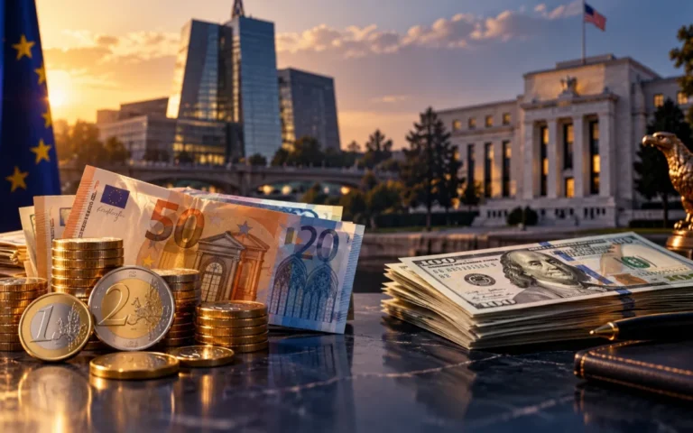 Euro e dollari in primo piano, con edifici delle banche centrali sullo sfondo