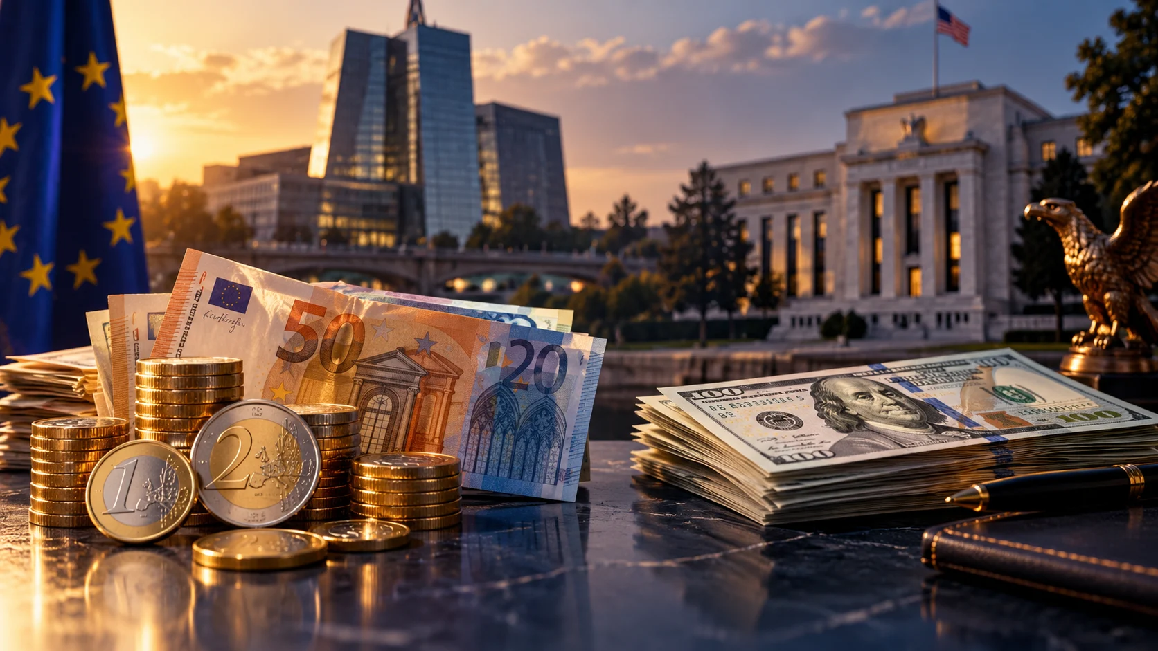 Euro e dollari in primo piano, con edifici delle banche centrali sullo sfondo