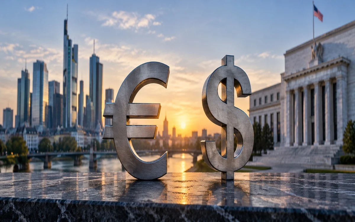Simboli di euro e dollaro davanti ad architetture che richiamano Francoforte e Washington