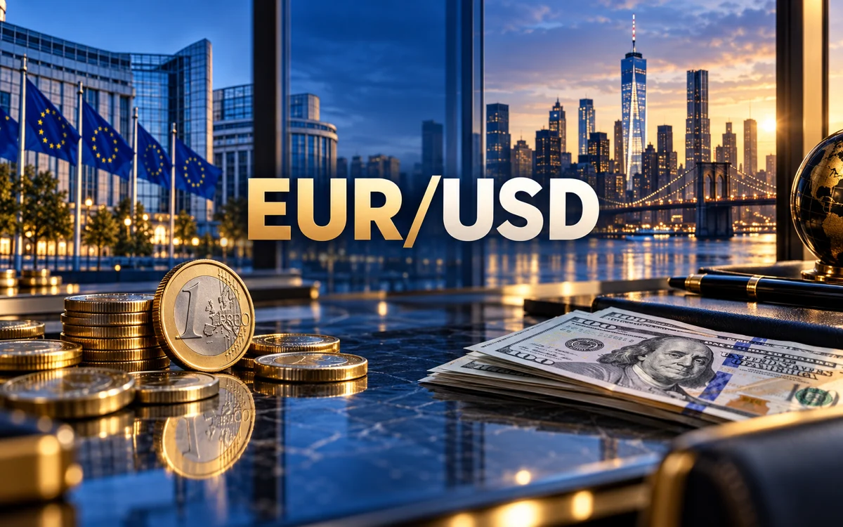 Euro e dollari su una scrivania con la scritta EUR/USD