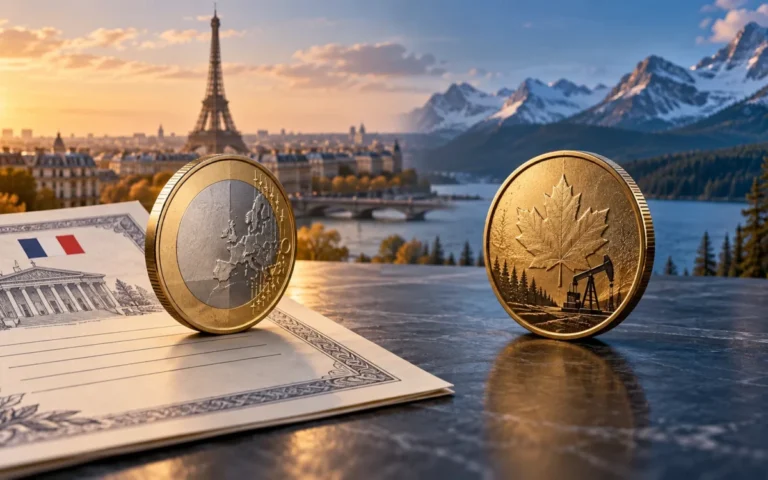 Moneta euro e documento sul debito francese a confronto con una moneta canadese e un impianto petrolifero