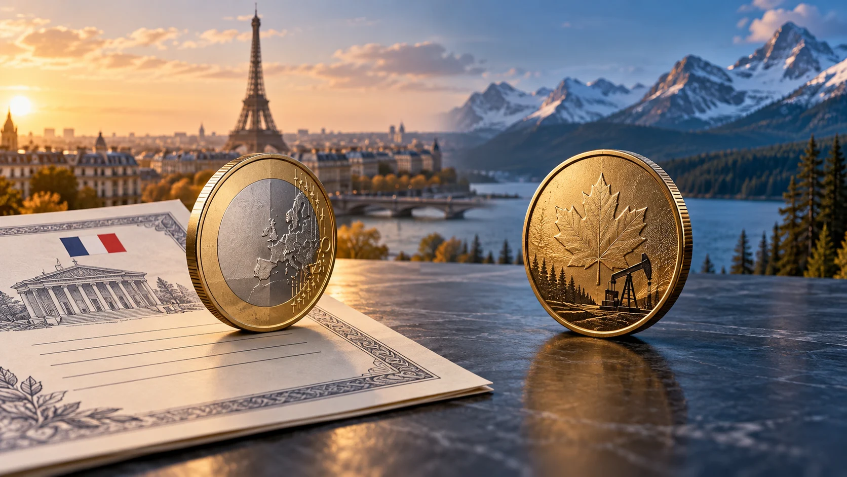 Moneta euro e documento sul debito francese a confronto con una moneta canadese e un impianto petrolifero