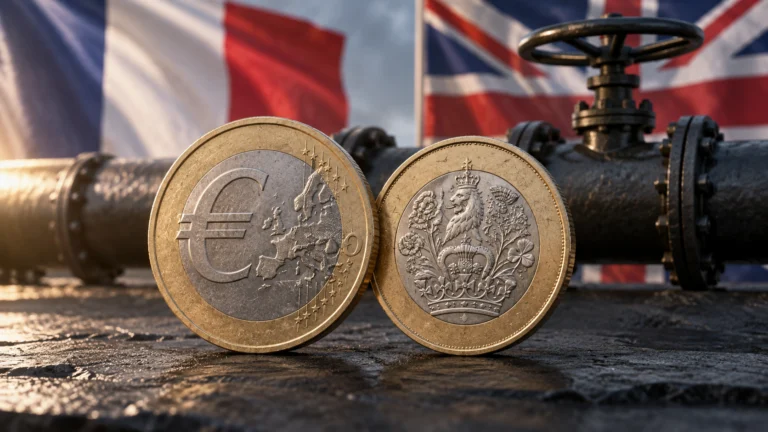 Illustrazione generata con IA: monete euro e sterlina davanti a una valvola petrolifera e bandiere francese e britannica.