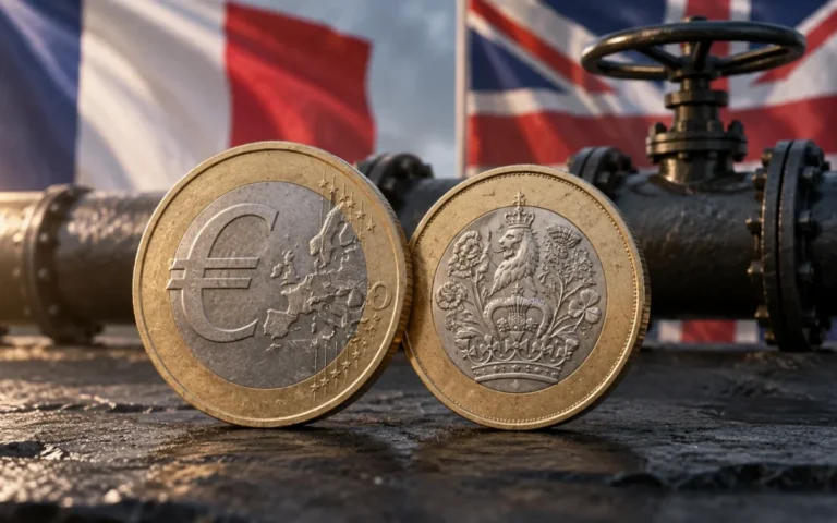 Illustrazione generata con IA: monete euro e sterlina davanti a una valvola petrolifera e bandiere francese e britannica.