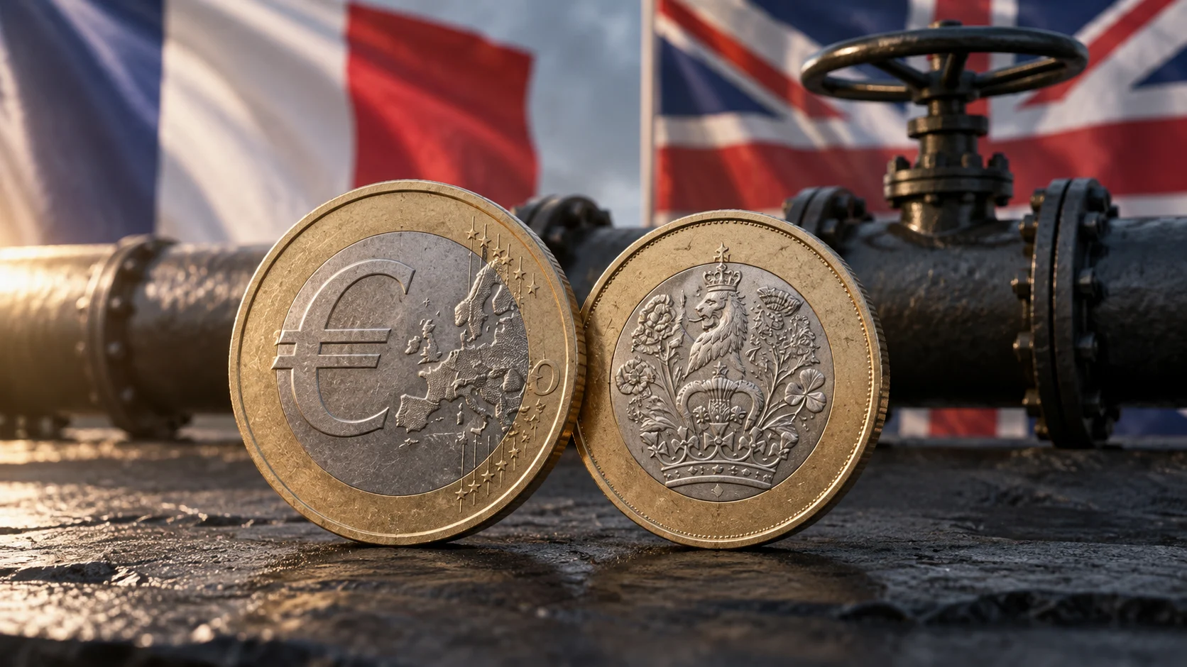 Illustrazione generata con IA: monete euro e sterlina davanti a una valvola petrolifera e bandiere francese e britannica.