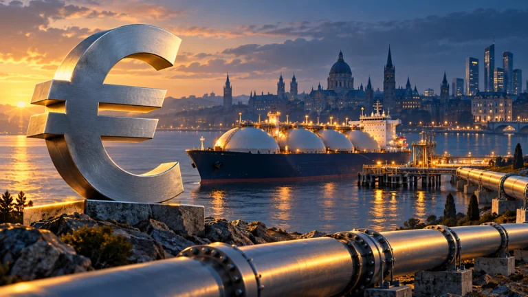 Simbolo dell’euro accanto a una nave metaniera e a condutture energetiche in un porto europeo immaginario