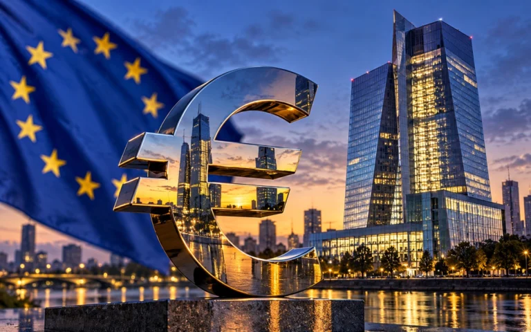 Simbolo dell’euro davanti a edifici finanziari di Francoforte e bandiera europea