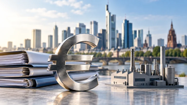Simbolo dell’euro accanto a documenti di credito e un modello industriale con Francoforte sullo sfondo