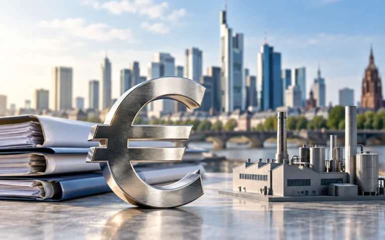 Simbolo dell’euro accanto a documenti di credito e un modello industriale con Francoforte sullo sfondo