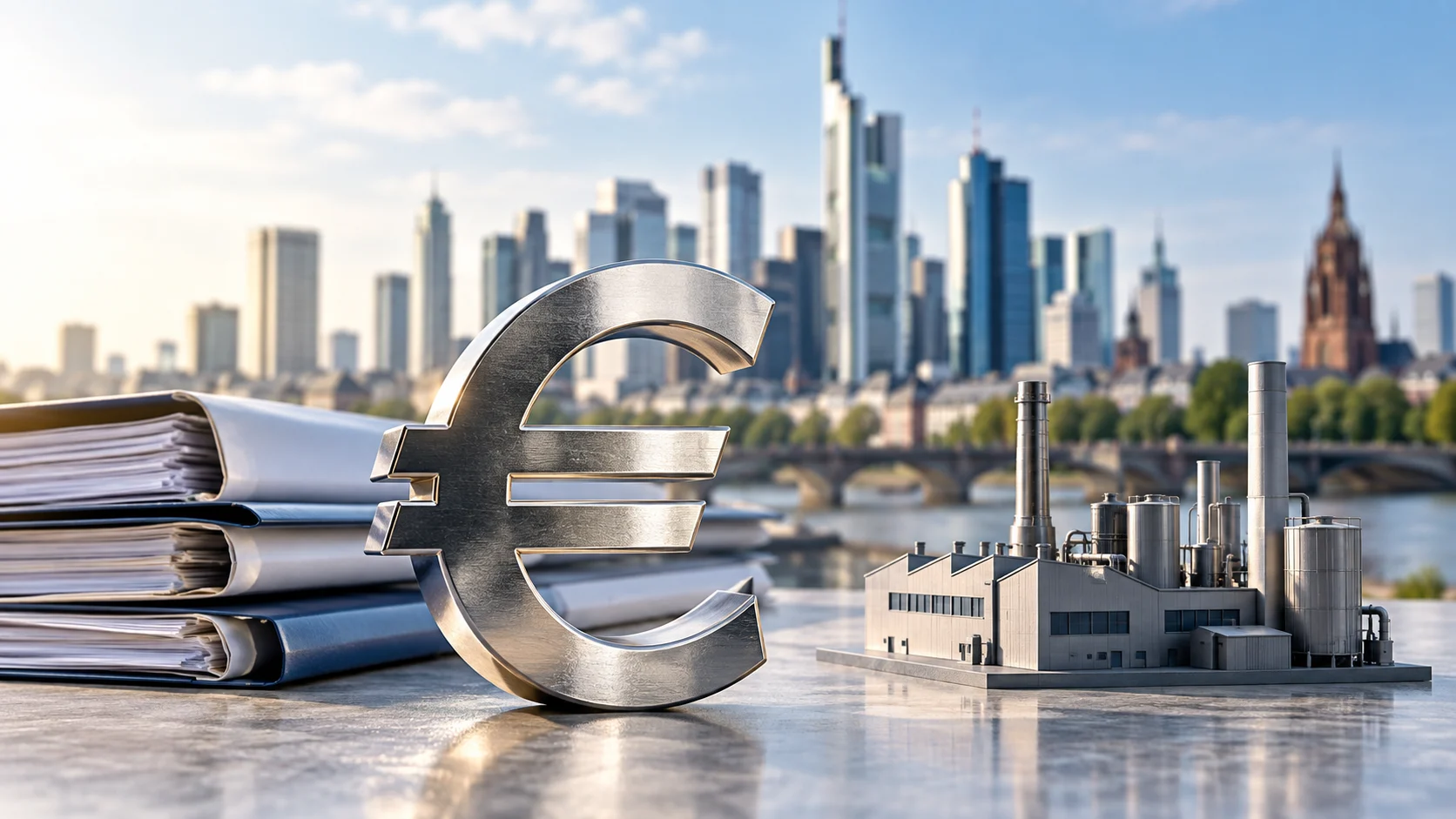 Simbolo dell’euro accanto a documenti di credito e un modello industriale con Francoforte sullo sfondo