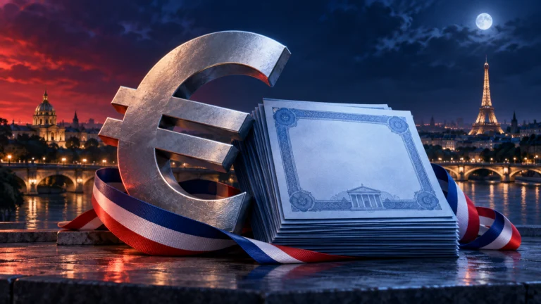 Illustrazione dell’euro accanto a certificati obbligazionari e al tricolore francese, con Parigi sullo sfondo.