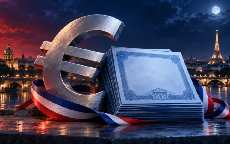Illustrazione dell’euro accanto a certificati obbligazionari e al tricolore francese, con Parigi sullo sfondo.