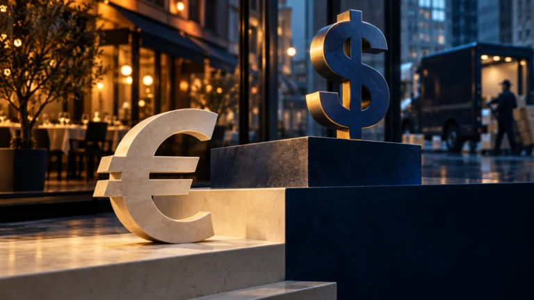 Illustrazione generata con IA: simbolo dell’euro su un gradino più basso del dollaro, con attività di servizi sullo sfondo.