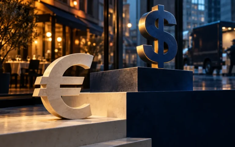 Illustrazione generata con IA: simbolo dell’euro su un gradino più basso del dollaro, con attività di servizi sullo sfondo.