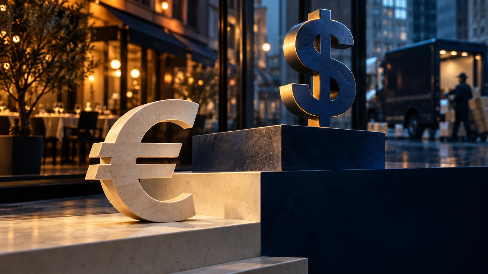 Illustrazione generata con IA: simbolo dell’euro su un gradino più basso del dollaro, con attività di servizi sullo sfondo.
