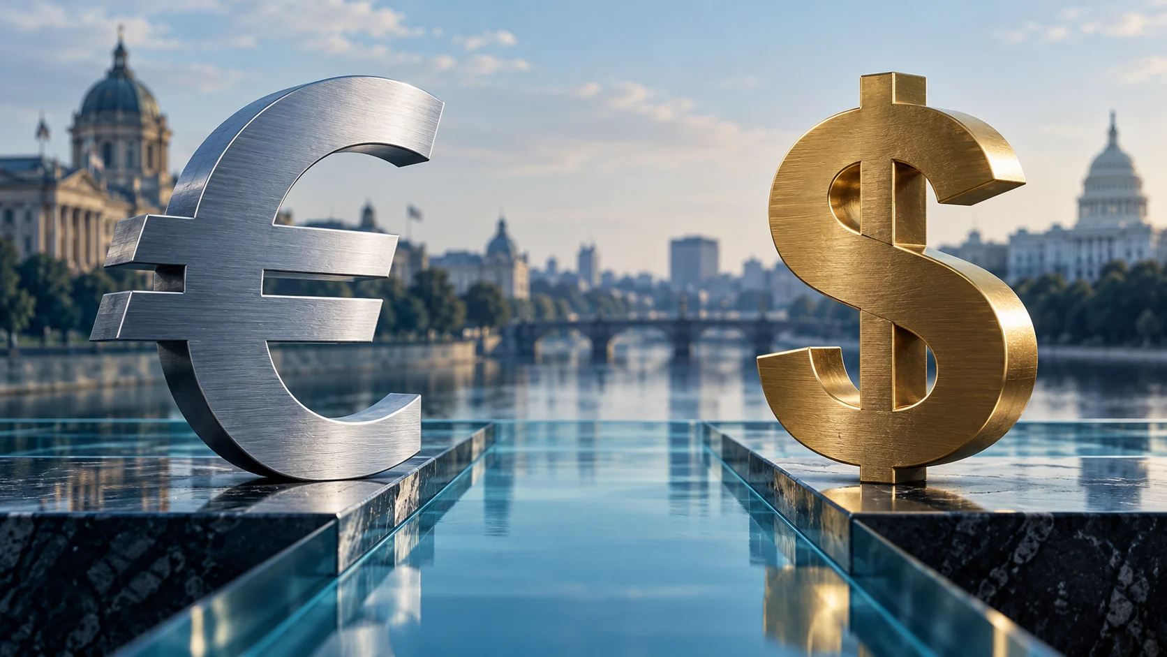 Simboli dell’euro e del dollaro contrapposti su una superficie blu, illustrazione del cambio EUR/USD