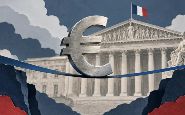 Illustrazione del simbolo euro in equilibrio davanti al Parlamento francese