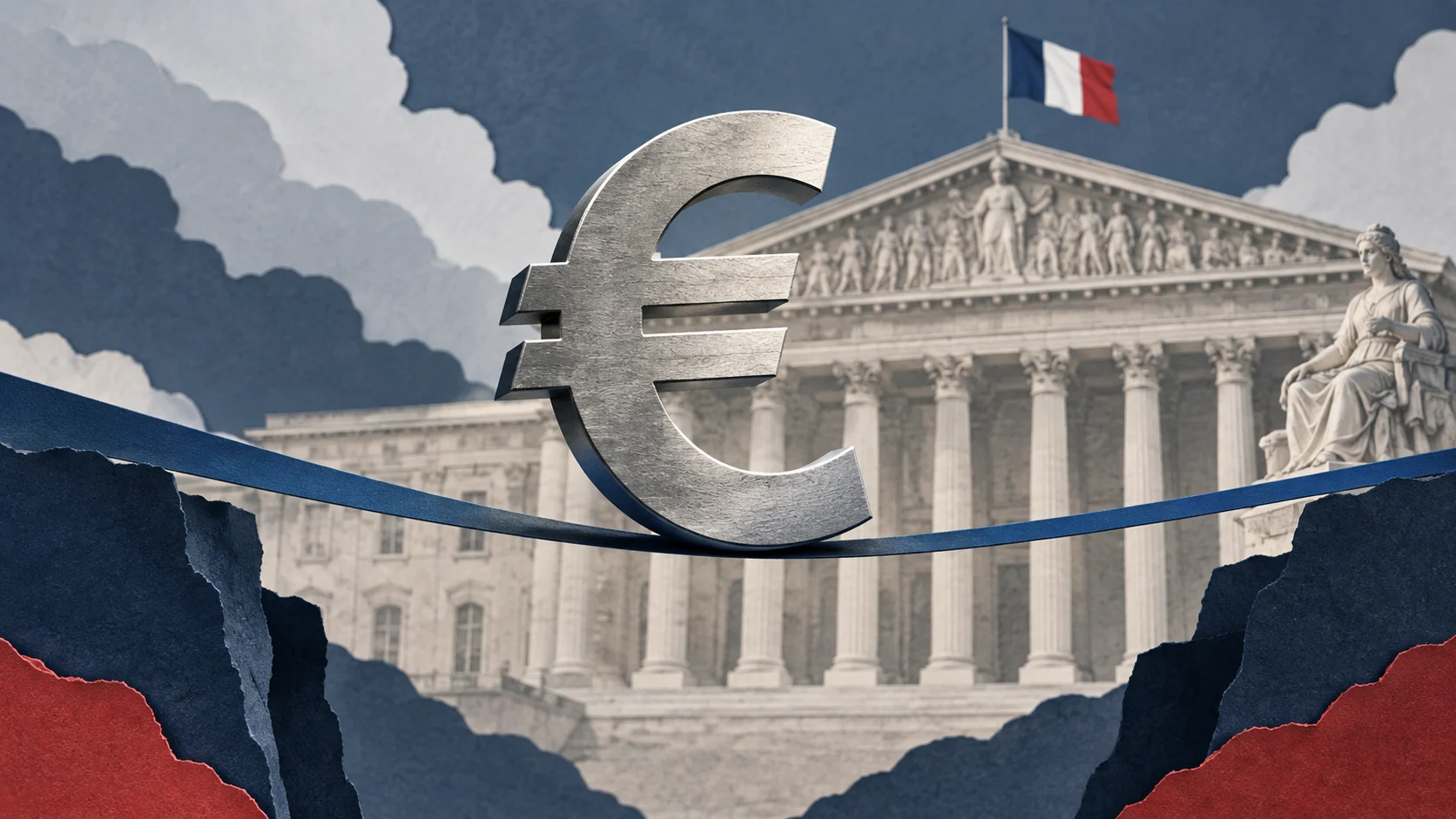 Illustrazione del simbolo euro in equilibrio davanti al Parlamento francese