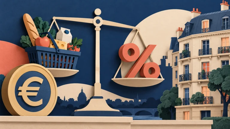 Illustrazione di un simbolo euro, un paniere della spesa e abitazioni europee