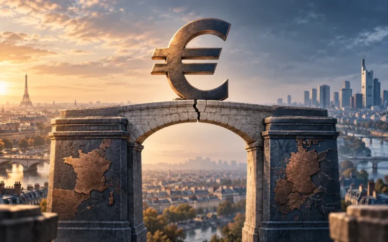 Illustrazione generata con IA: simbolo dell’euro su un ponte con una frattura simbolica tra Parigi e Francoforte.