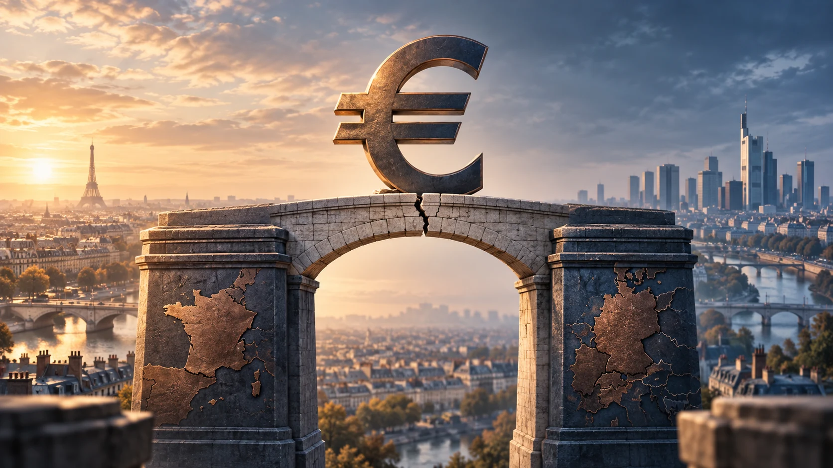 Illustrazione generata con IA: simbolo dell’euro su un ponte con una frattura simbolica tra Parigi e Francoforte.