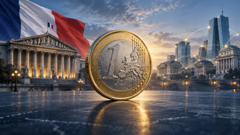 Illustrazione generata con IA: moneta euro davanti a un edificio parlamentare francese e a una rete simbolica di banche europee.