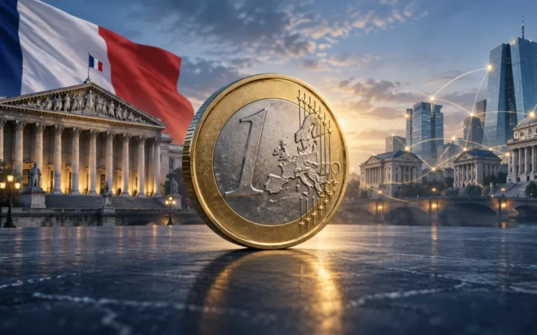 Illustrazione generata con IA: moneta euro davanti a un edificio parlamentare francese e a una rete simbolica di banche europee.
