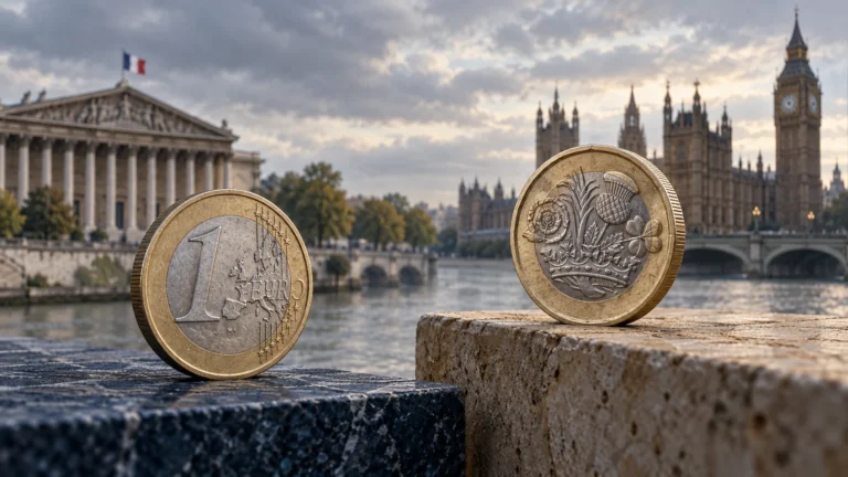 Illustrazione generata con IA: monete euro e sterlina su gradini diversi, con Parigi e Londra sullo sfondo.