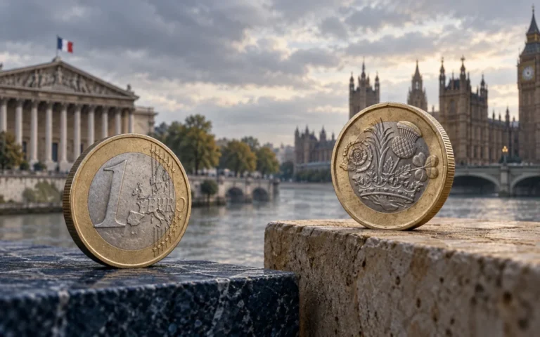 Illustrazione generata con IA: monete euro e sterlina su gradini diversi, con Parigi e Londra sullo sfondo.