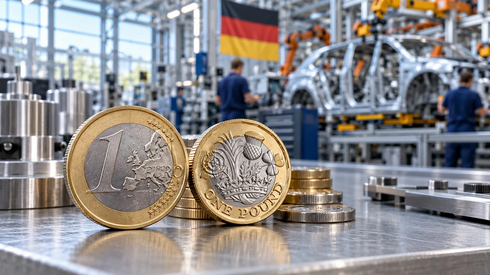 Monete dell’euro e della sterlina davanti a uno stabilimento industriale tedesco