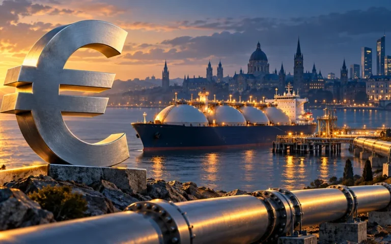 Simbolo dell’euro accanto a una nave metaniera e a condutture energetiche in un porto europeo immaginario