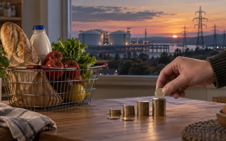 Illustrazione generata con IA: monete in euro e un cestino di alimenti, con infrastrutture energetiche sullo sfondo.