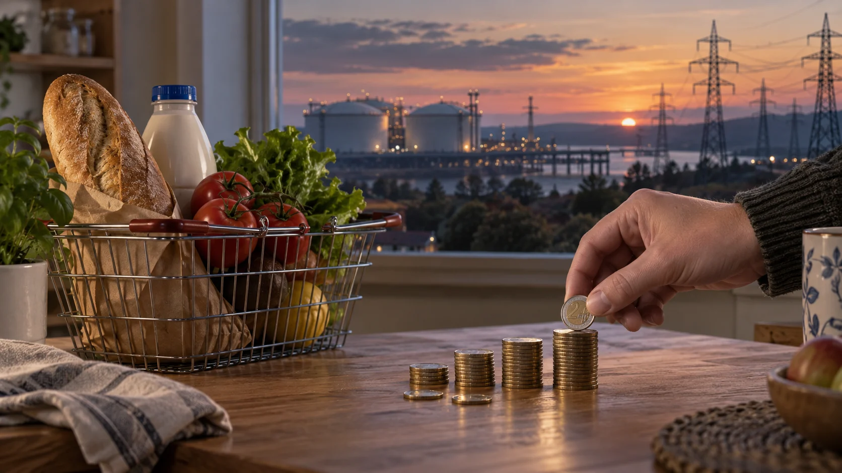 Illustrazione generata con IA: monete in euro e un cestino di alimenti, con infrastrutture energetiche sullo sfondo.