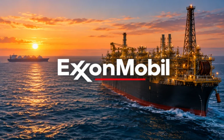 Nome ExxonMobil sopra una nave di produzione petrolifera offshore e il mare all’alba