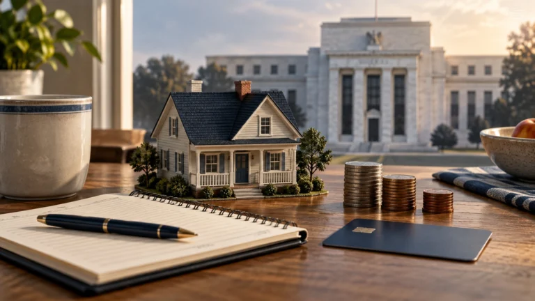 Illustrazione del bilancio familiare americano con casa, risparmi e carta di credito, sullo sfondo la Federal Reserve