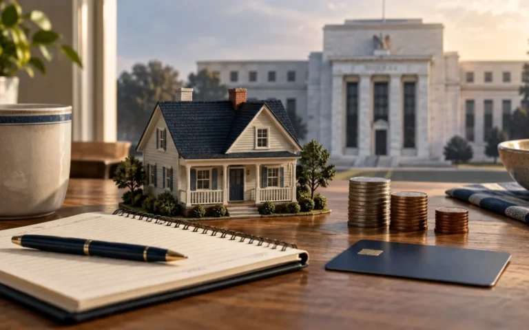 Illustrazione del bilancio familiare americano con casa, risparmi e carta di credito, sullo sfondo la Federal Reserve