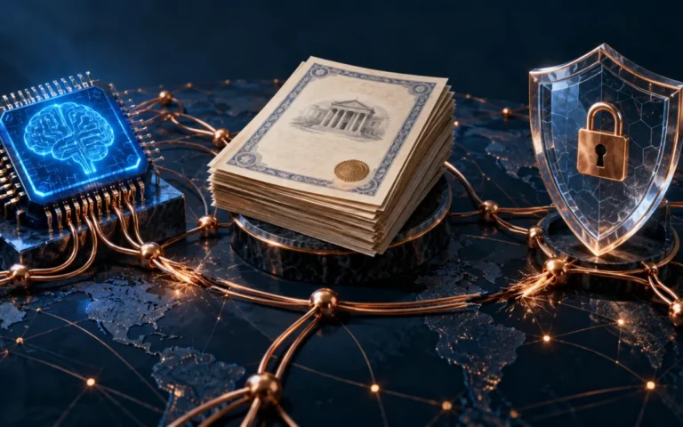 Tre strutture simboliche collegate: microchip, obbligazioni e scudo digitale sopra una rete finanziaria.