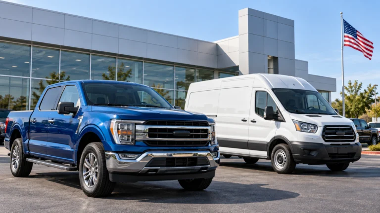 Pickup blu e furgone commerciale bianco davanti a una concessionaria americana