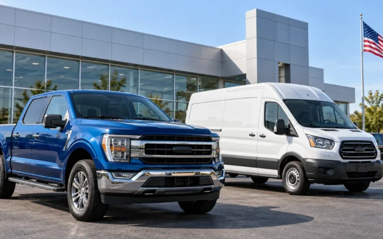 Pickup blu e furgone commerciale bianco davanti a una concessionaria americana