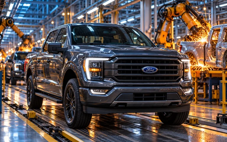 Pickup Ford grigio sulla linea di montaggio di una fabbrica automobilistica.