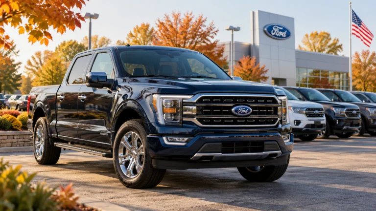 Illustrazione generata con IA: pickup con marchio Ford davanti a una concessionaria statunitense, con SUV sullo sfondo.